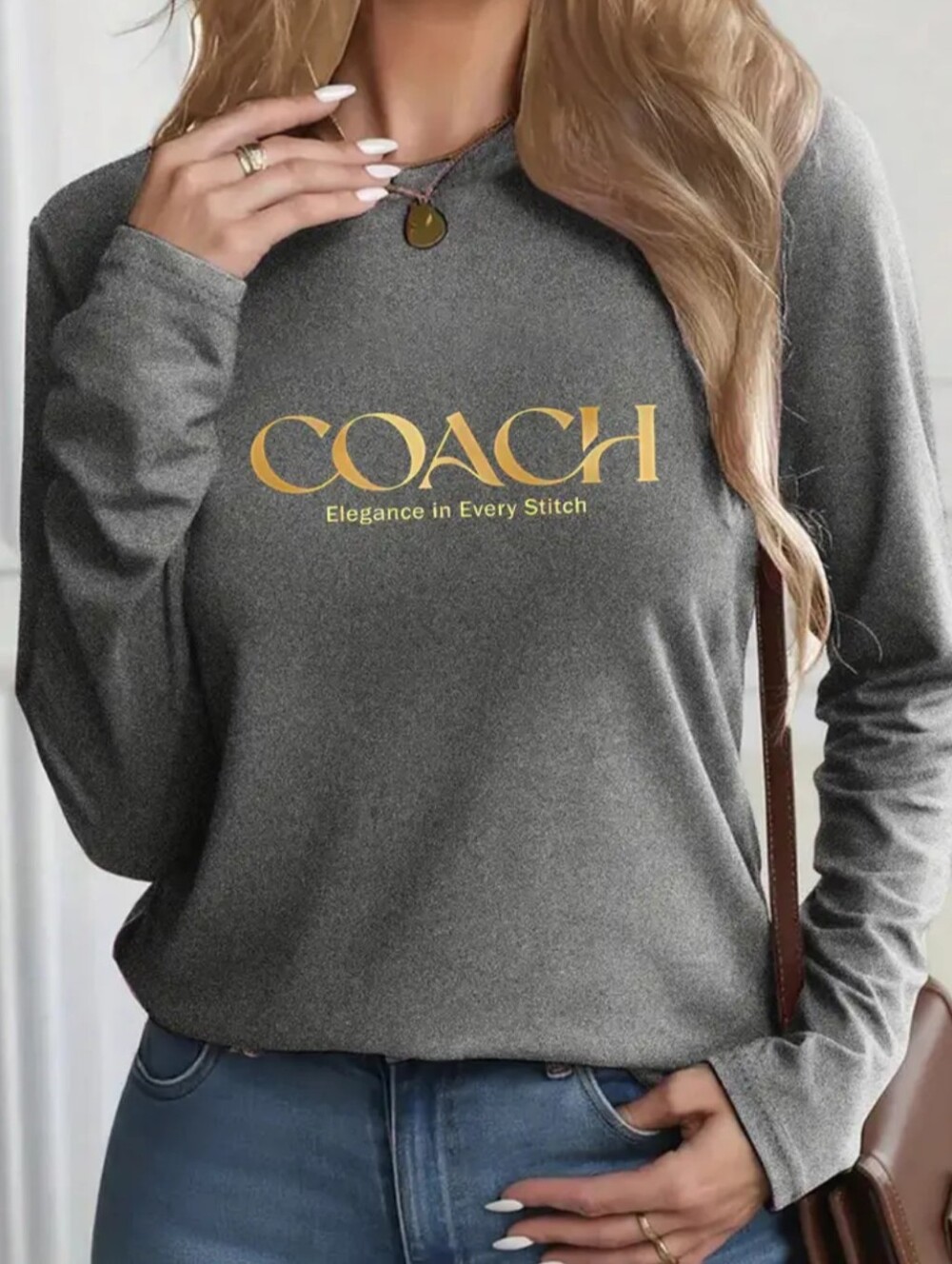 Gray Long Sleeve Crewneck Top with Gold Logo